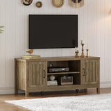 ChooChoo Farmhouse TV Stand, Wood Fluted Door Entertainment Center with Storage Cabinets and Open Shelves, Rustic Media Console up to 55 inches for Living Room, Bedroom, Grey Wash ChooChoo