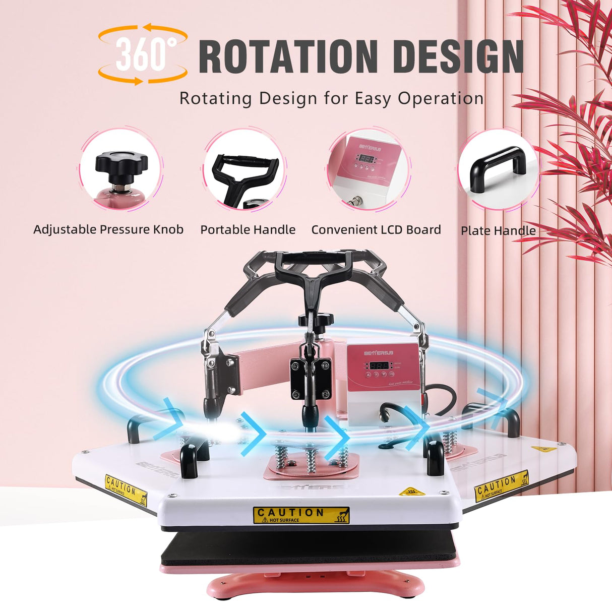 BetterSub Combo 5 in 1 12‘’ x15‘’ Heat Press Machine for T-Shirt 20/30oz Tumbler Heat Press Hat Plate Cap Printing Heat Transfer Digital Industrial-Quality Sublimation Machine 360 Degree Swivel Pink BetterSub
