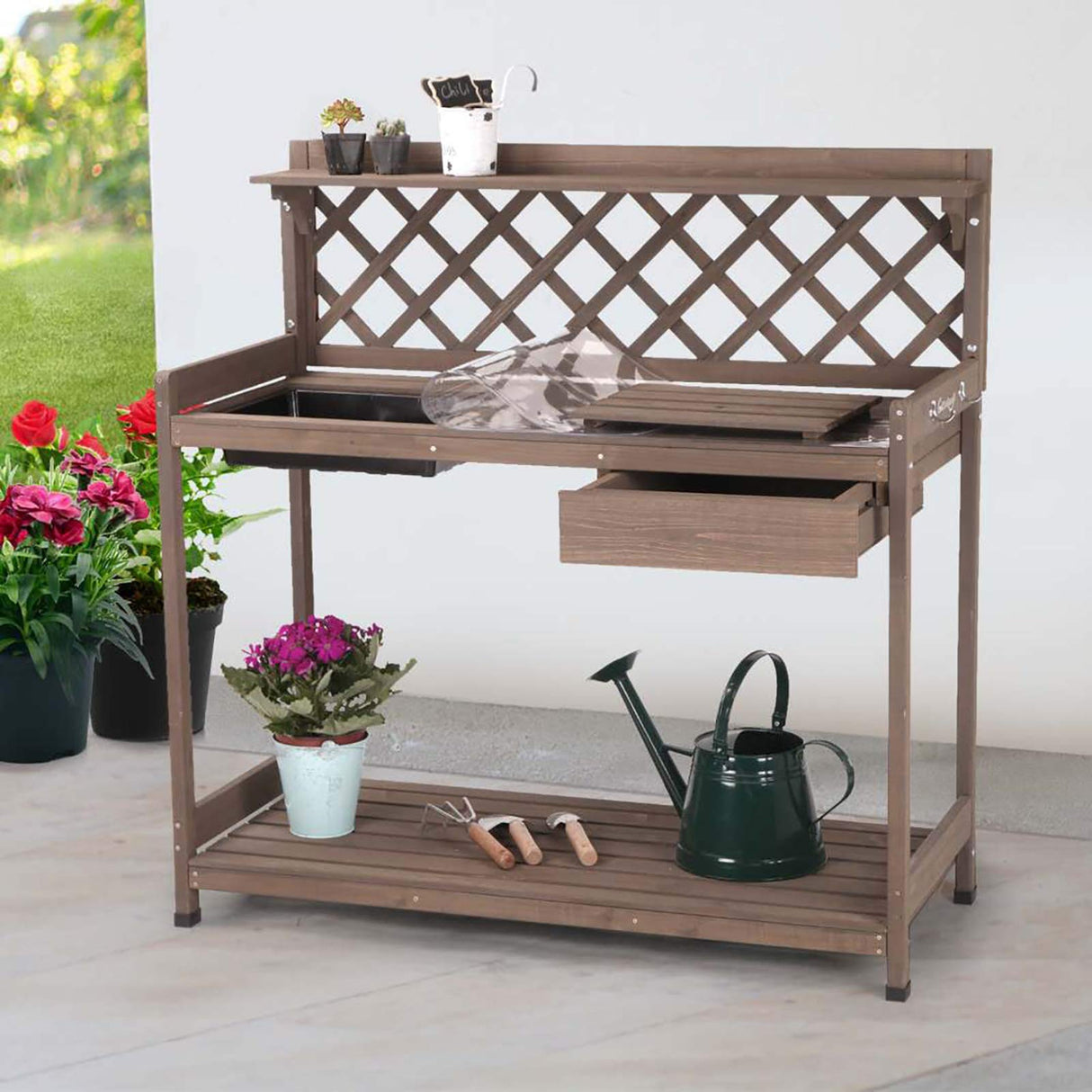 Aivituvin Potting Bench with PVC Layer, Outdoor Gardening Work Bench with Sink & Lid, Wooden Planting Table for Outside with Storage, Drawer, Shelf, Hook Aivituvin