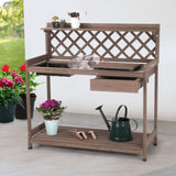 Aivituvin Potting Bench with PVC Layer, Outdoor Gardening Work Bench with Sink & Lid, Wooden Planting Table for Outside with Storage, Drawer, Shelf, Hook Aivituvin