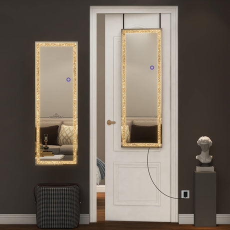 GlasFlength Door Mirror Full Length, 51"x18" LED Mirror Full Length, Diamond Mirror with Lights, Crystal Mirror Wall Mounted, LED Over The Door Full Body Mirror with Dimming & 3 Color Modes GlasFlength