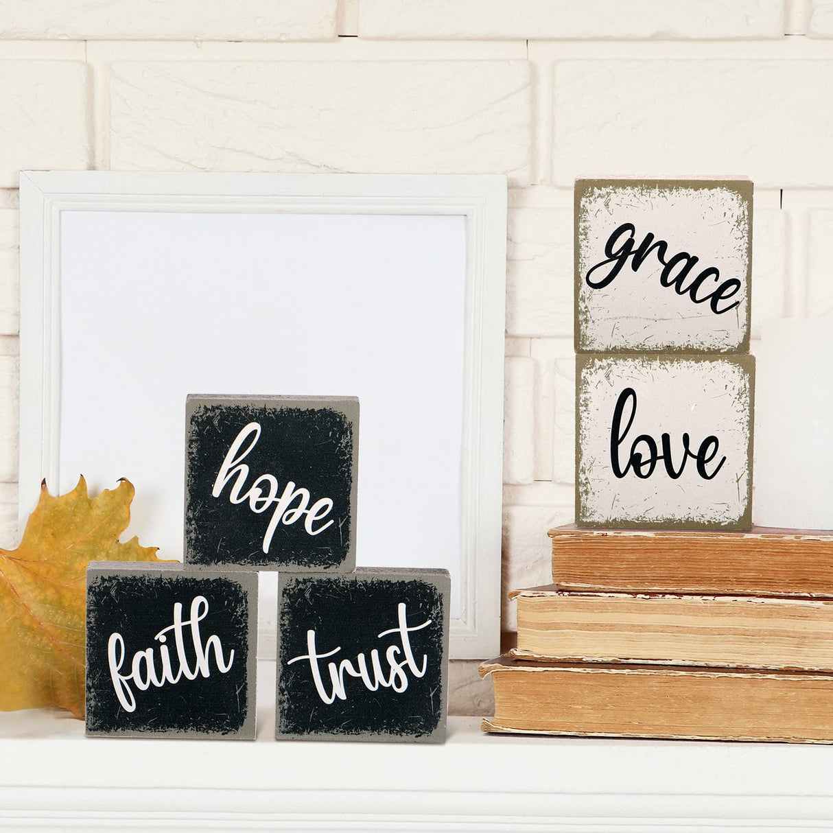 Qunclay 6 Pieces Farmhouse Tiered Tray Decor Inspirational Rustic Wood Sign Faith Love Hope Wooden Table Decorations Art Print Wooden Block Signs for Office Home Tabletop Bookshelf, 2.5 x 2.5 Inch Qunclay