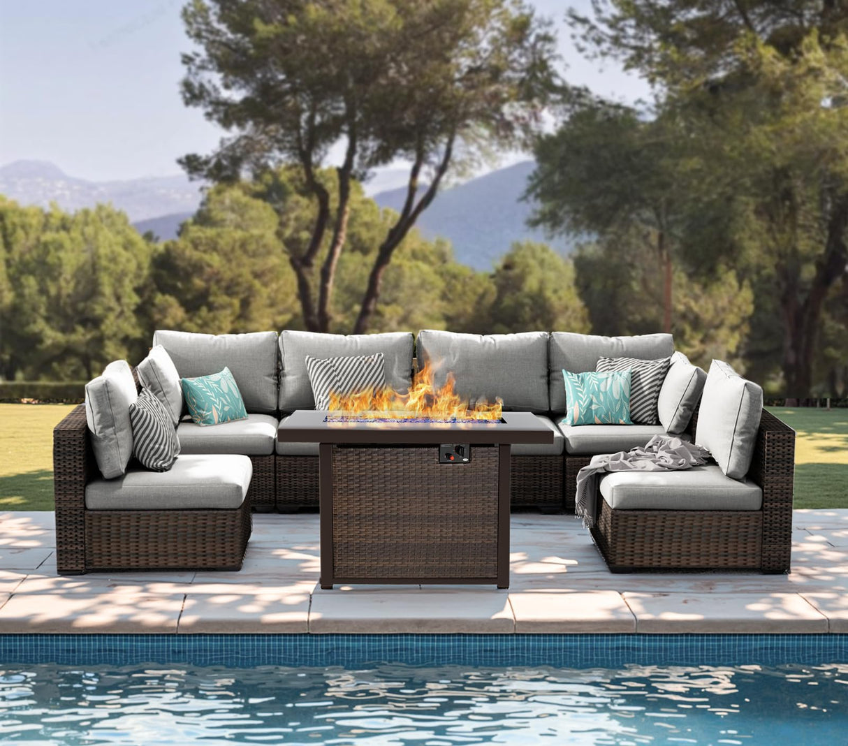 Patio Furniture Set,7 Piece Patio Furniture Set with Fire Pit Table,PE Wicker Rattan Sectional Sofa Patio Conversation Set with Thickened Cushions, Grey Grezone