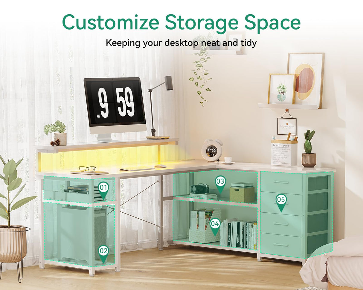 AODK 61" L Shaped Desk with Drawer, Computer Desk with Power Outlets & LED Lights, Reversible Corner Gaming Desk for Home Office Workstation, Office Desk with Monitor Shelf, Pure White AODK