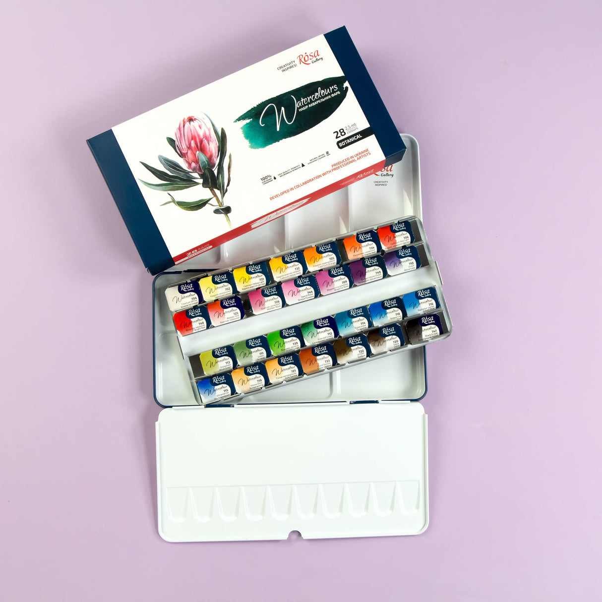 ROSA Gallery Botanical Watercolor Paint Set, Vibrant Kit Designed by Professional Artists, Washable, High Lightfastness Pigments, Made in Ukraine, Packed in Metal Paint Box, 28 Ct. Rosa Gallery