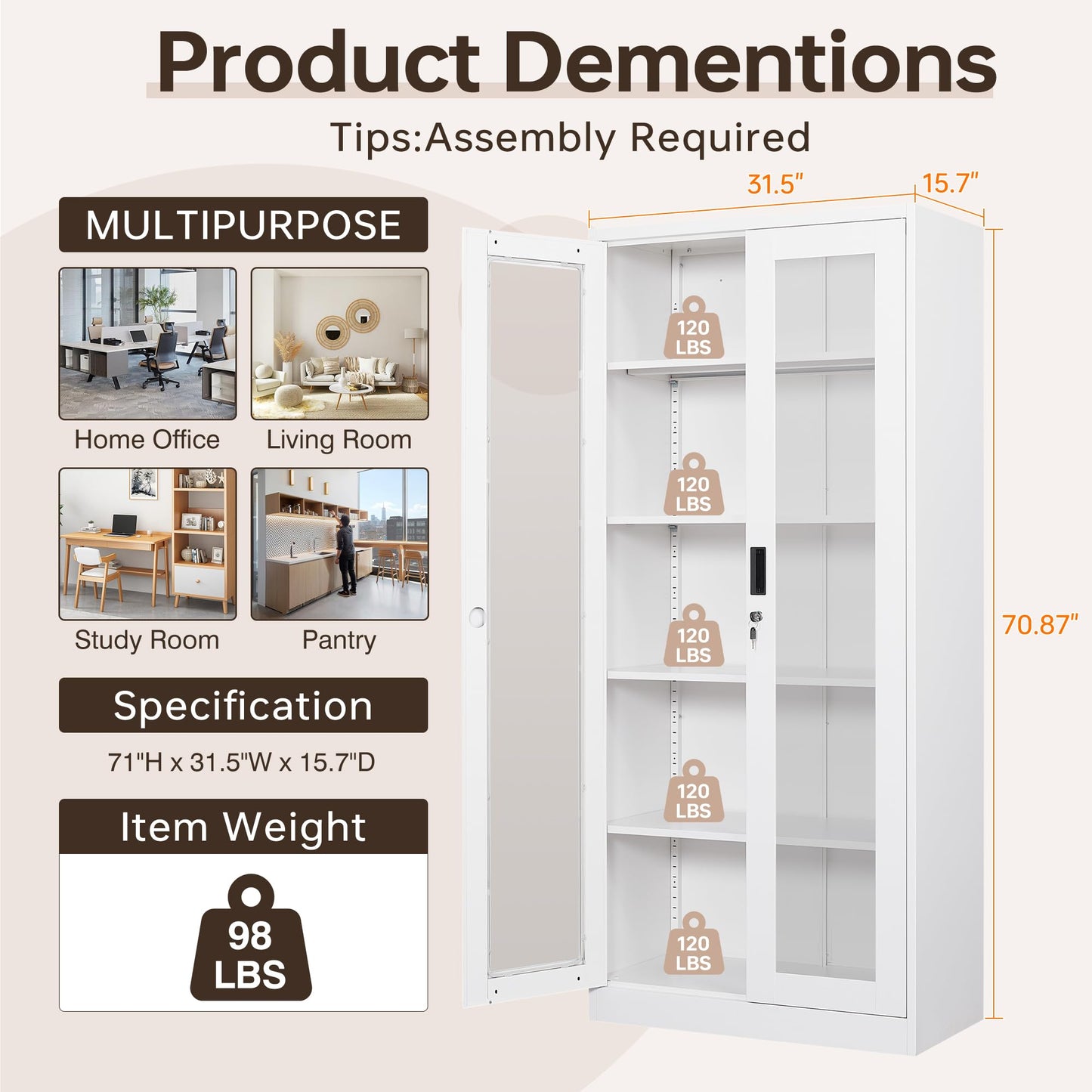 AFAIF 71" Curio Cabinet Glass Display Cabinet with 4 Adjustable Shelves, Tall Bookshelf Bookcase with Glass Doors, Lockable Metal Storage Cabinet Modern Liquor Cabinet for Home Pantry Kitchen