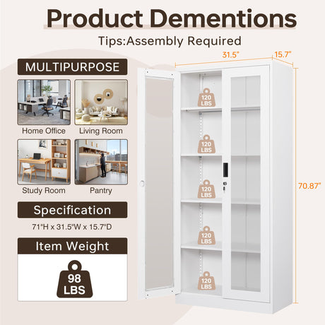 AFAIF 71" Curio Cabinet Glass Display Cabinet with 4 Adjustable Shelves, Tall Bookshelf Bookcase with Glass Doors, Lockable Metal Storage Cabinet Modern Liquor Cabinet for Home Pantry Kitchen AFAIF