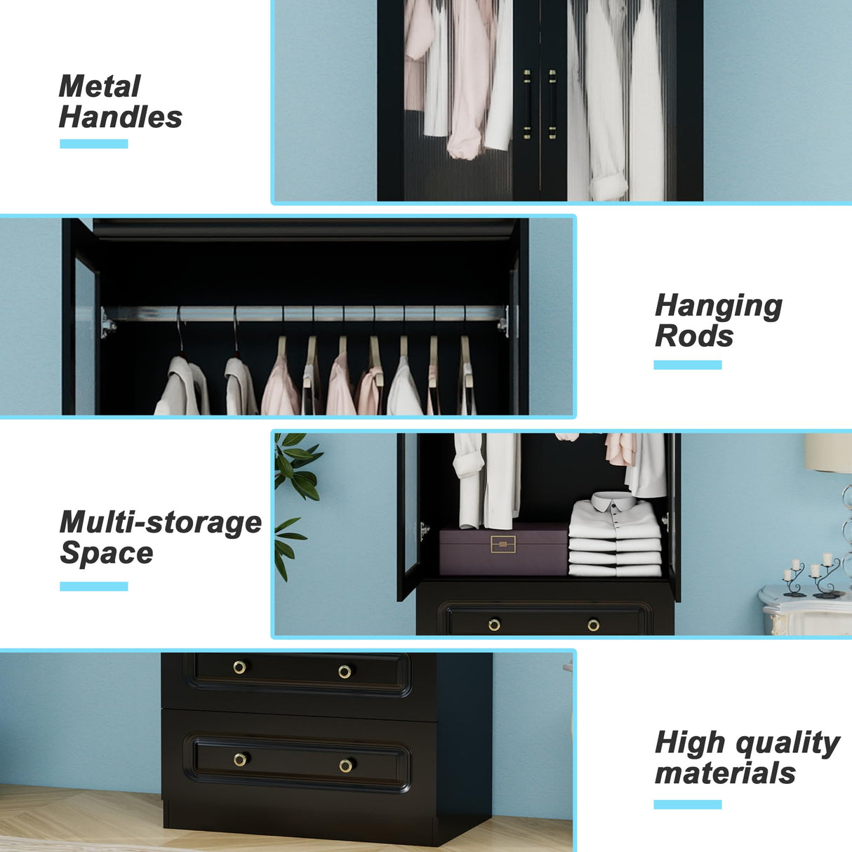 Keloyid Modern 2 Door Armoire Wardrobe Closet with Glass Door, 2 Drawers, Hanging Rod & Shelves, Black, 20.47 x 31.49 x 70.86 inches, Bedroom Keloyid