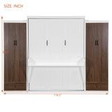 Flieks Queen Size Murphy Bed, Wooden Queen Wall Bed with Closet, Drawers and Desk, White Flieks