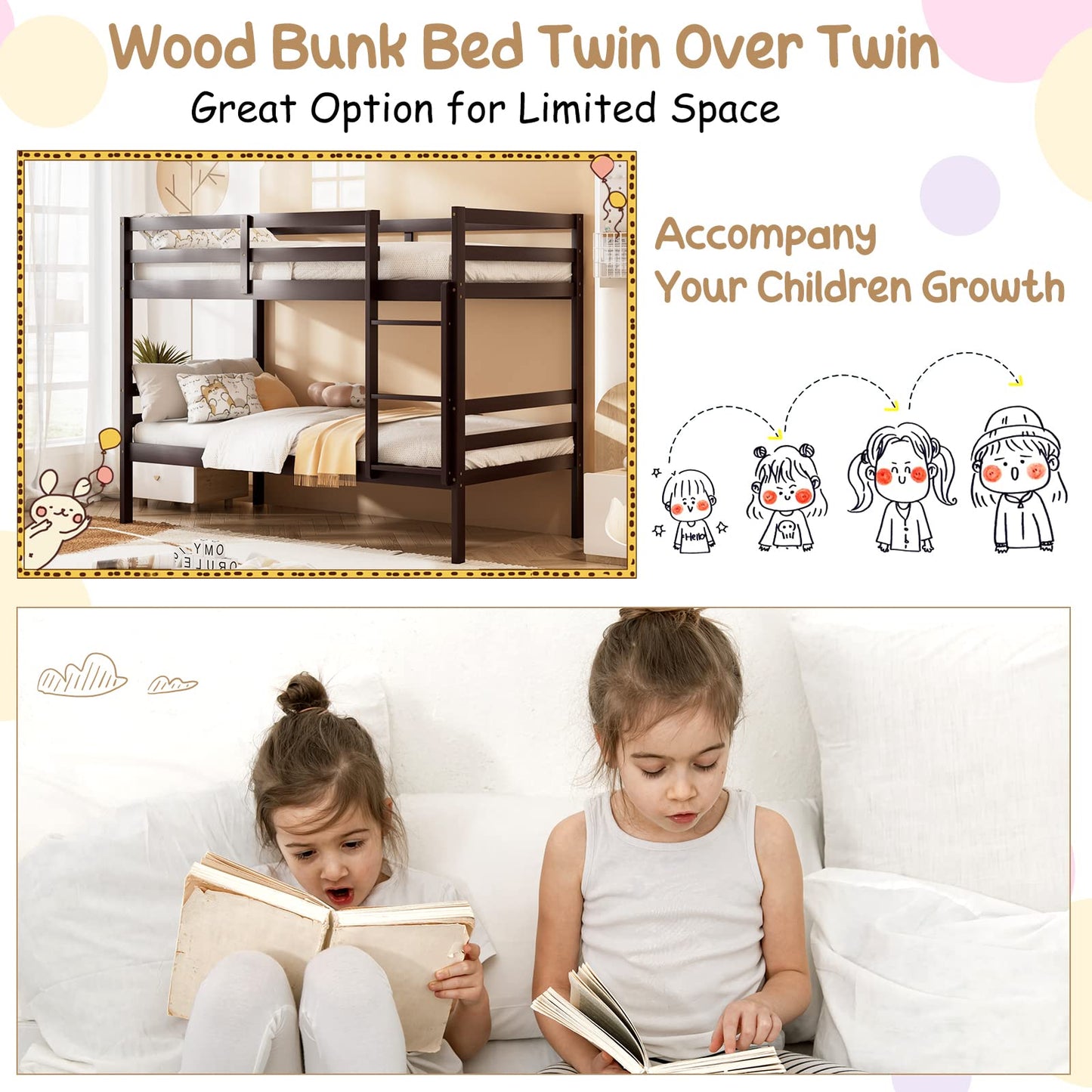 KOMFOTT Espresso Twin Over Twin Wood Bunk Bed with Ladder & Safety Guardrail - WoodArtSupply