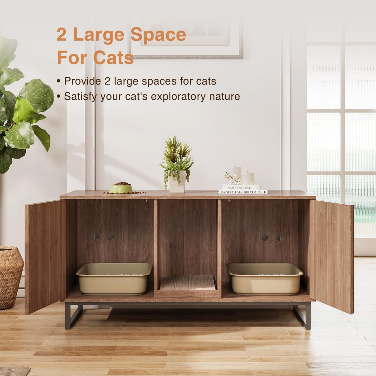 Vabches 47.2” Large Cat Litter Box Enclosure with Scratch Pad, Double Hidden Wooden Indoor Cat House, TV Stand Side Table Pet Washroom Furniture for 2 Cats, Walnut Vabches