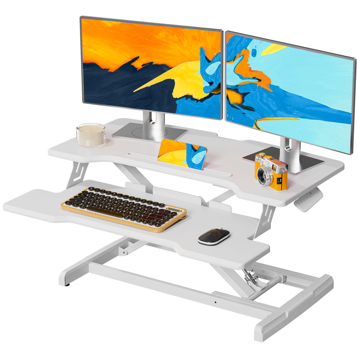 JYLH JOYSEEKER Standing Desk Converter 32 inch, Height Adjustable Sit Stand Desk Riser, Quick Sit to Stand Tabletop Dual Monitor Riser Workstation for Home Office with Keyboard Tray, White JYLH JOYSEEKER