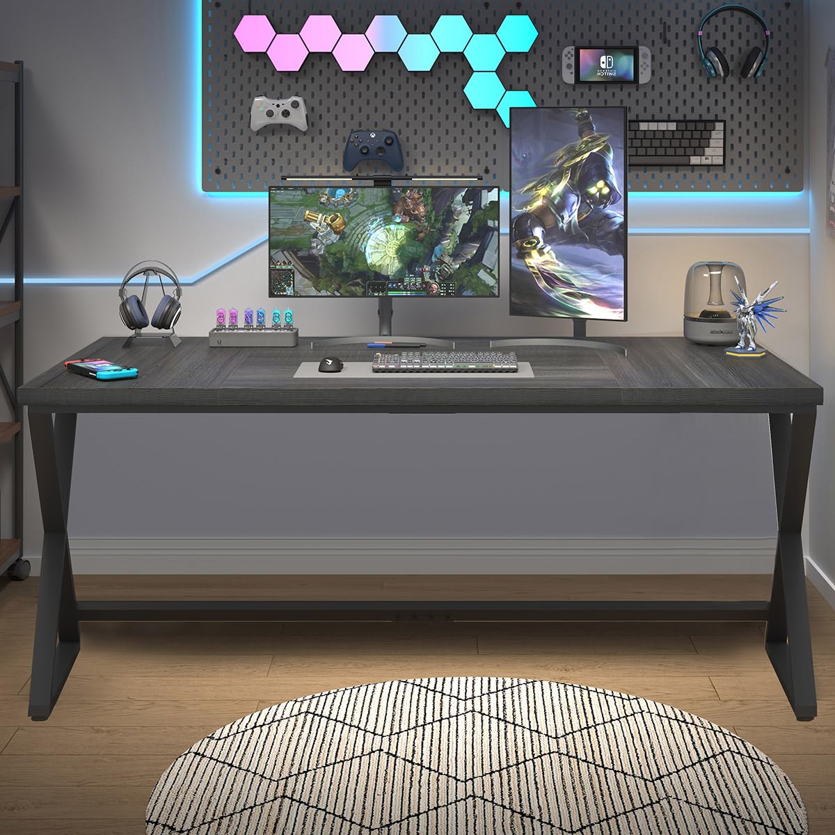 IBF Large Black Computer Desk, 70.8” Long Writing Desk for Home Office, Modern Simple Executive Work Study Desk for Two Person, Wood Double PC Gaming Workstation Computer Table for Bedroom, Black Oak IBF