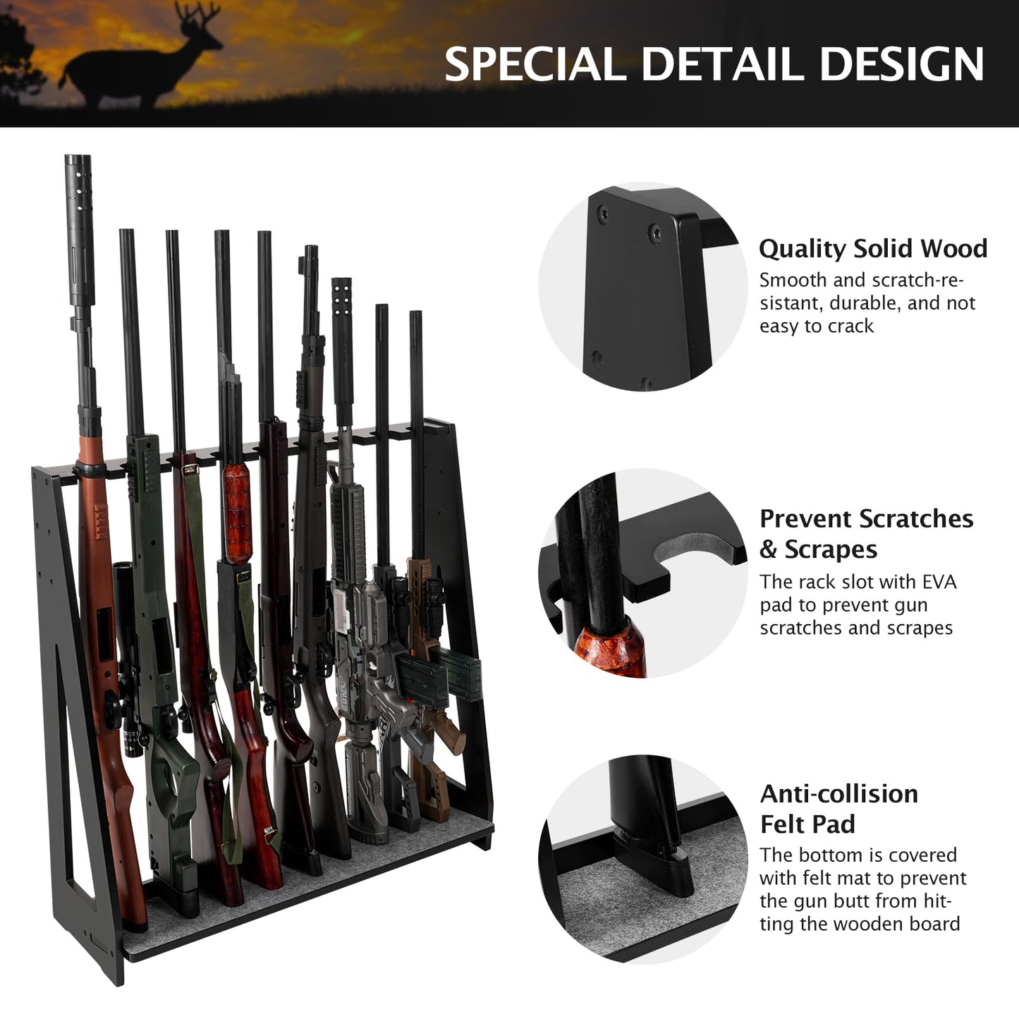 ikkle Gun Rack, Freestanding Rifle Racks, Heavy Duty Wooden Shotgun Rack Indoor, Adjustable Rifle Storage Holder with Soft Padding, Vertical Gun Display Stand - Holds up to 9 Long Guns - WoodArtSupply