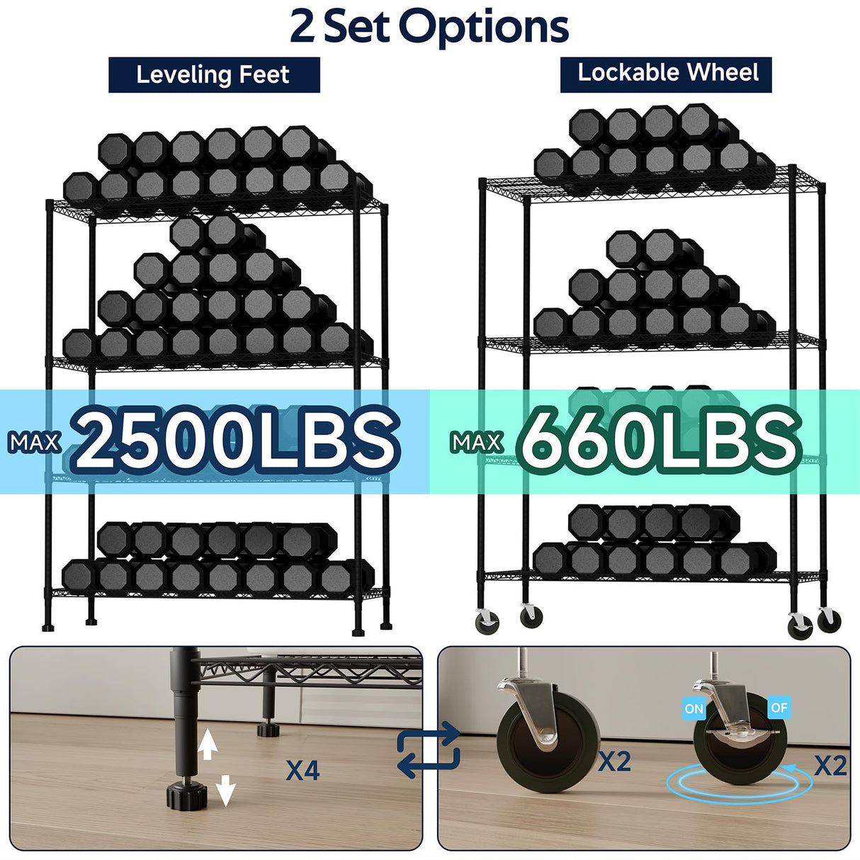 Whitmor 4 Tier Storage Shelves with Wheels, Heavy Duty Metal Shelving Unit, 625 lbs Capacity per Shelf, 2500 lbs Total for Kitchen, Garage, Plant, 55" L x 24" W x 72" H, Black Whitmor