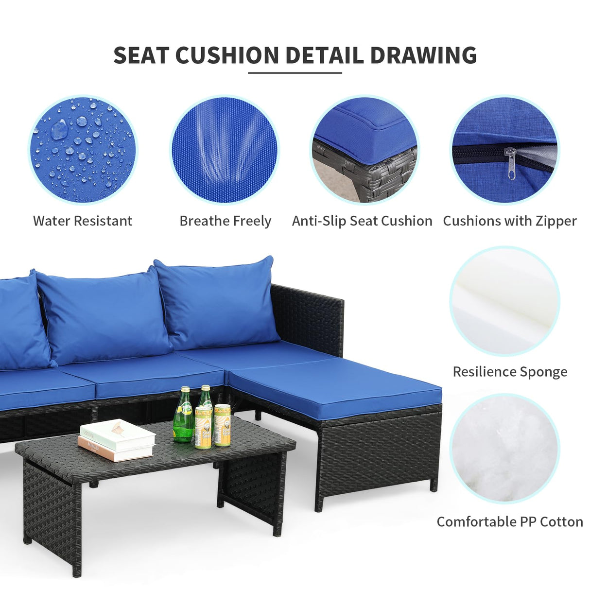 Valita 3-Piece Outdoor PE Rattan Furniture Set Patio Black Wicker Conversation Loveseat Sofa Sectional Couch Royal Blue Cushion Valita