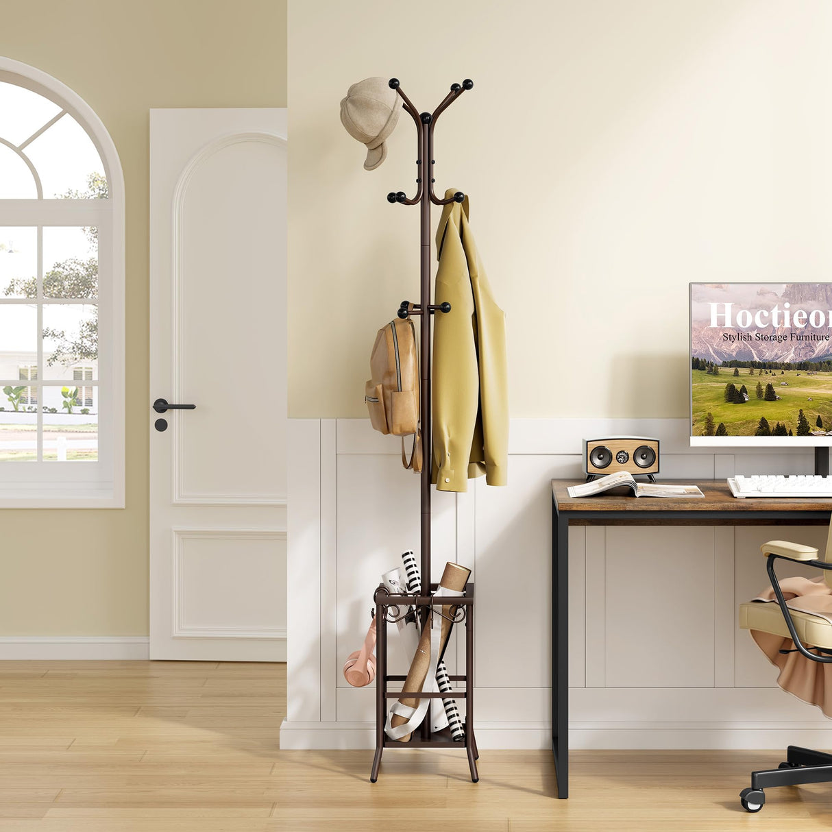 Hoctieon Coat Rack Freestanding, Coat Tree with Umbrella Holder, Metal Coat Rack Stand with 12 Hooks, Standing Coat Hanger Stand, Umbrella Stand for Entryway, Hat Rack Stand for Home Office, Brown Hoctieon