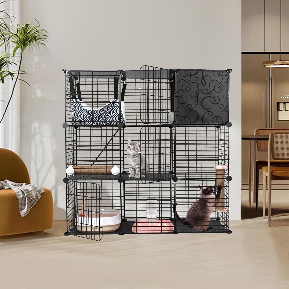 BriSunshine Cat Cages Indoor, 3 Tier DIY Cat Enclosure with Large Hammock, Metal Wire Pet House Kennels Crate Catio with Litter Box, Bed, Scratchers, Bowl, Stairs for 1-2 Cats BriSunshine