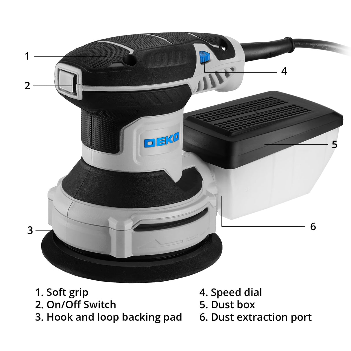 Orbital Sander Corded Hand Sander: DEKOPRO 20V 5" Random Orbital Sander with Dust Box, 6 Various Speeds Electric Palm Sander with Dust Box, 16Pcs Sandpapers for Woodworking & Sanding (Blue) DEKOPRO