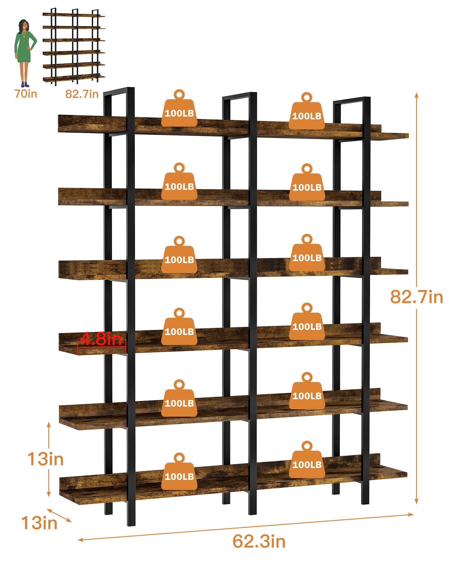 Sengroce 6-Tier Double Wide Industrial Wooden Bookcase with Metal Frame - Rustic Vintage Design for Home Office and Living Room - WoodArtSupply