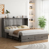 BALUS Murphy Queen Bed with Tri-Fold Mattress, Cabinet Beds with USB Ports & Large Storage Drawer, Wooden Cabinet Beds, Queen Hidden Bed for Living Room/Bedroom -Grey BALUS