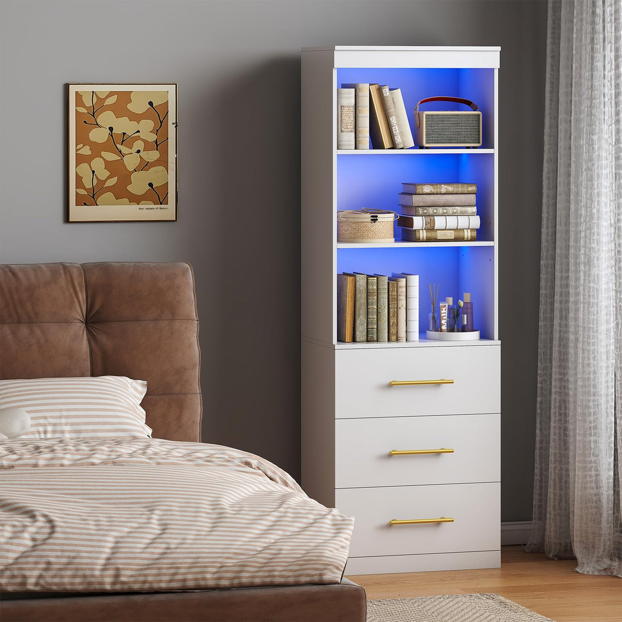 Winkalon 71“H White Bookshelf with LED Light, Bookcase and Bookshelf with Drawers, Tall Bookcase Tall Storage Cabinet 3-Tier Open Shelves for Home Office Living Room Bedroom, 15.8"D x 23.6"W x 70.9"H Winkalon