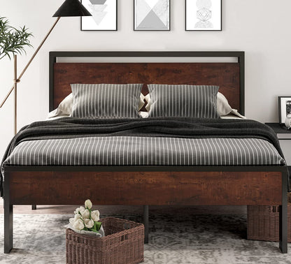 SHA CERLIN 14-Inch Queen Metal Platform Bed with Wooden Headboard and Footboard, No Box Spring Required, Mahogany Finish - WoodArtSupply