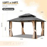 MELLCOM 12 x 14 FT Iron Hardtop Gazebo, Double Roof Gazebo with Curtains and Netting, Waterproof Canopy Gazebo with Anti-Rust Coating Frame for Patios, Lawns, Gardens, and Backyard MELLCOM