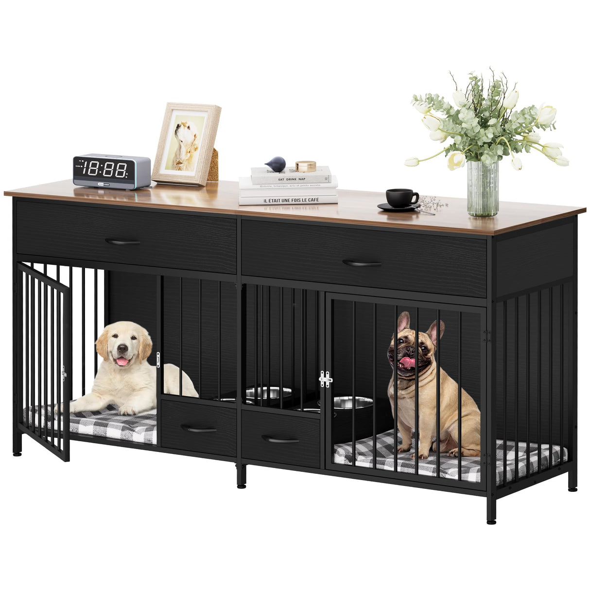 YITAHOME Double Dog Kennel Furniture TV Stand，Indoor Dog Crate Furniture Large Breed with Storage&Dog Feeder, 74.8" Inch Wooden Decorative Dog Kennel YITAHOME