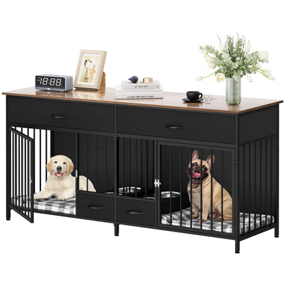 YITAHOME Double Dog Kennel Furniture TV Stand，Indoor Dog Crate Furniture Large Breed with Storage&Dog Feeder, 74.8" Inch Wooden Decorative Dog Kennel - WoodArtSupply