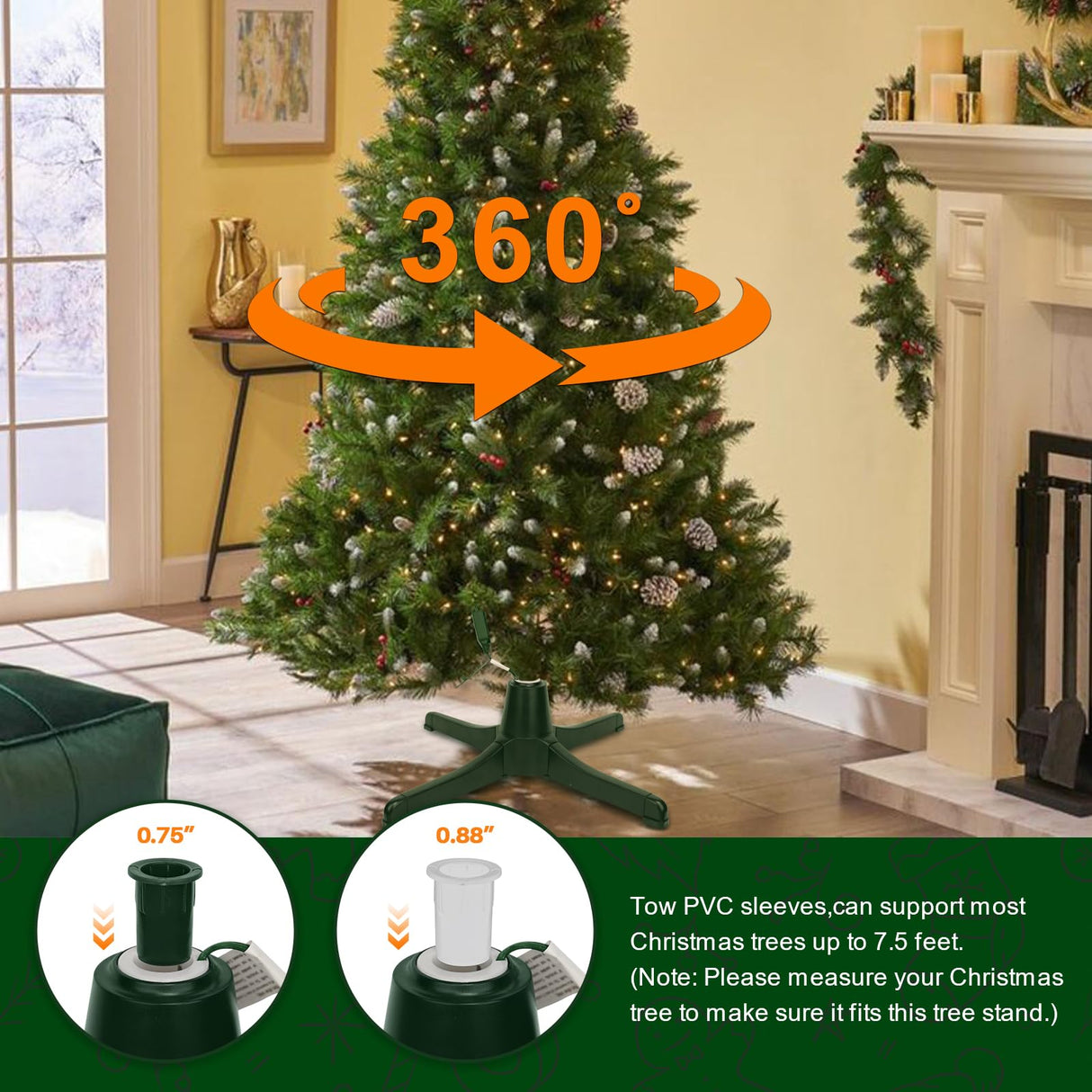 360-Degree Rotating Christmas Tree Stand,Up to 7.5ft and 80 pounds Artificial Tree,with 3 Settings Trunk Diameter LAMPHOME