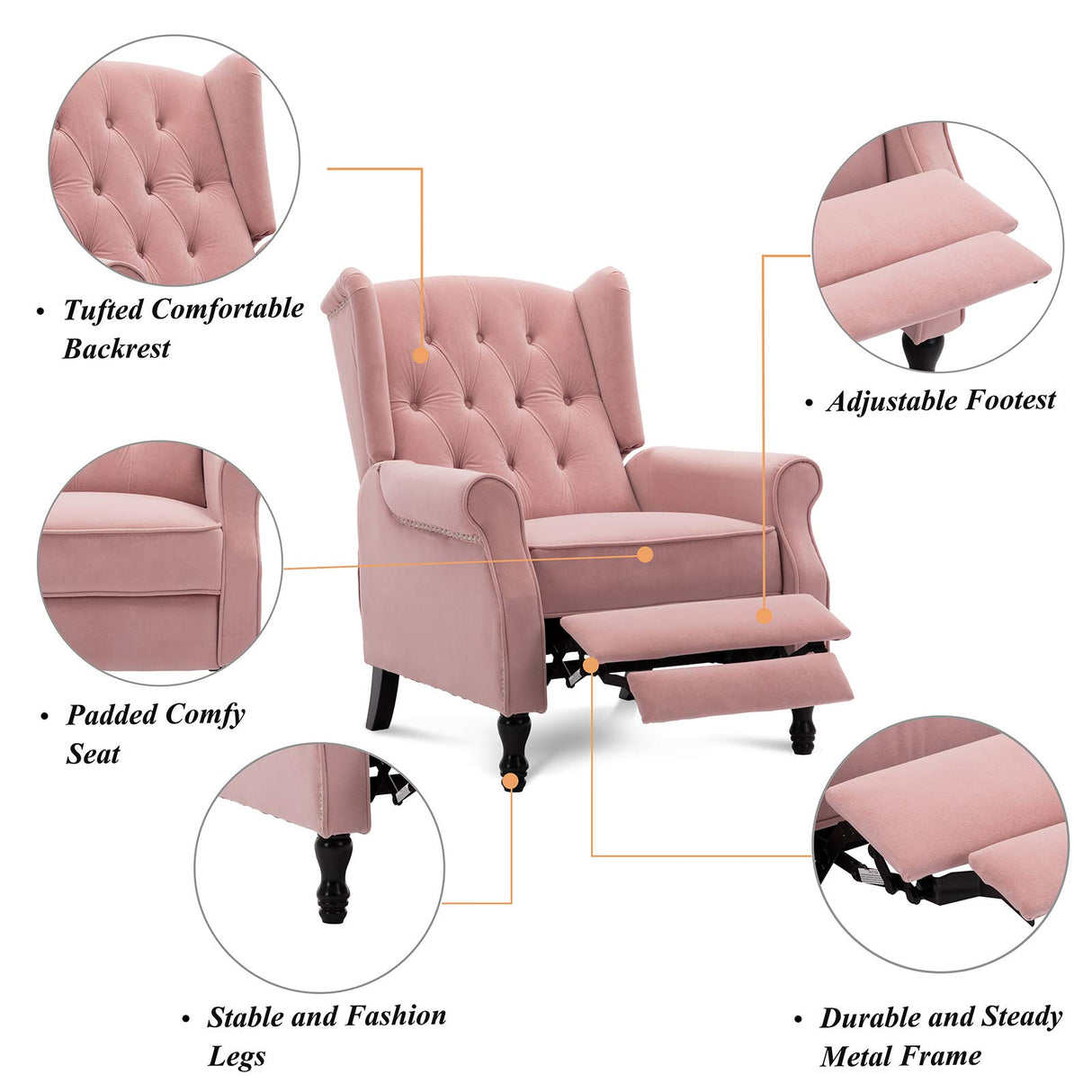 Artechworks Velvet Tufted Push Back Arm Accent Chair Recliner Single Reclining for Adjustable Club Chair Home Padded Seating Living Room Lounge Modern Sofa,Pink Artechworks