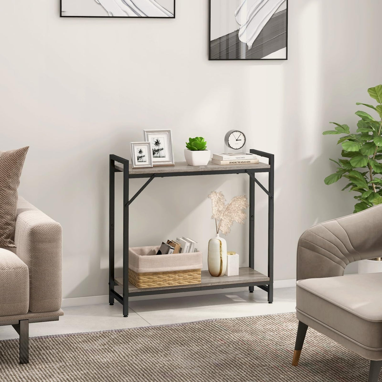 Livofloral Narrow Console Table, Small Entryway Table, Sofa Table with 2 Support Bar, Industrial Couch Table, Thin Side Table, Display Table for Living Room, Hallway, Bedroom, Foyer, Grey Livofloral