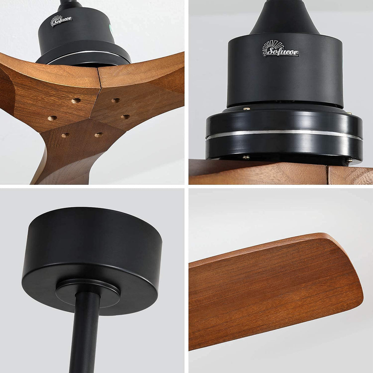 Sofucor Walnut Ceiling Fan, Solid Wood 3 Blade Ceiling Fans, Wood Ceiling Fan No Light, 52'' Ceiling Fan Without Light for Living Room & Covered Outdoor, Brown Sofucor