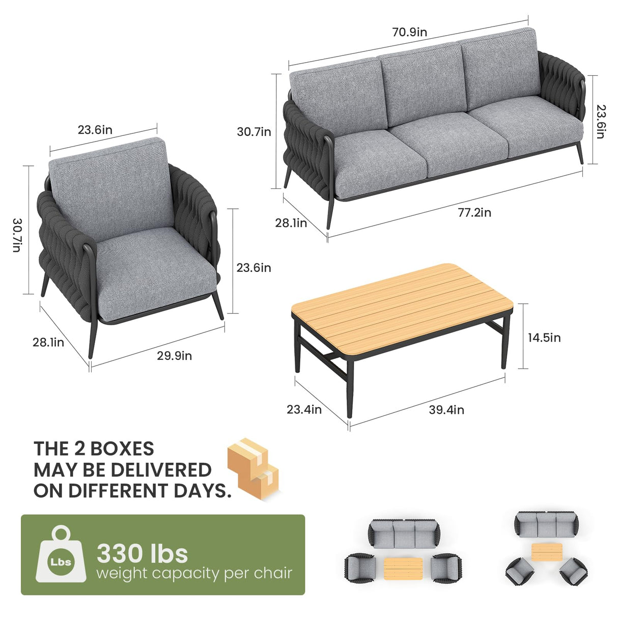Jocoevol Outdoor Patio Furniture Set 6-Piece, Outdoor 5-Seat Sofa with Coffee Table, Waterproof Thick Cushion Patio Conversation Set, All Weather Outdoor Couch Set for Deck, Lawn, Balcony, Porch Jocoevol