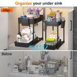 Sevenblue 4 Pack Under Sink Organizer, Bathroom Organizers and Storage, 2 Tier Multi-Use Pull Out Cabinet Organizer with Hang Hooks and Cups (Black, 4 Pack) Sevenblue