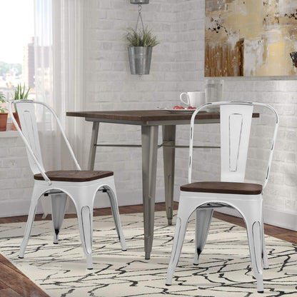 Furmax Metal Dining Chairs with Wood Seat, Indoor-Outdoor Use Stackable Chic Dining Bistro Cafe Side Metal Chairs Set of 4(White) - WoodArtSupply