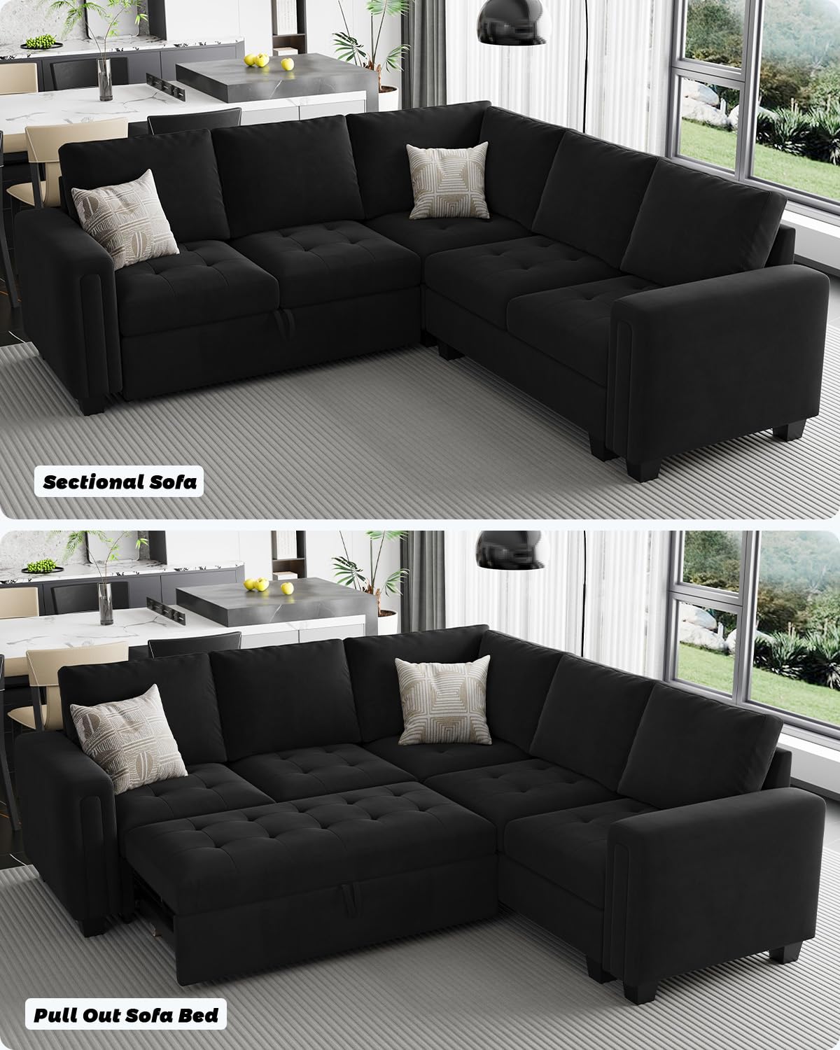 Belffin Modular Sectional Sleeper Sofa with Pull Out Couch Bed Velvet Convertible L Shaped Sectional Couch for Living Room Apartment Black