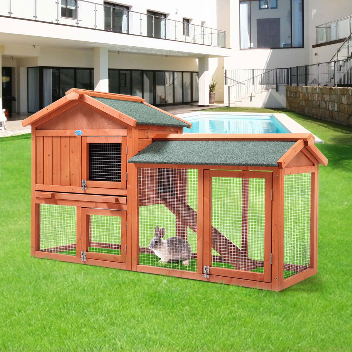 COZIWOW Fashion Durable Wooden Rabbit Hutch Indoor with Removable Tray & Ramp, Bunny Cage Outdoor, Small Animal Houses & Habitats with Waterproof Roof Rabbit Cage(Orange) - WoodArtSupply