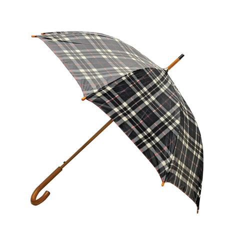 Rainbrella Classic Auto Open Umbrella with Real Wooden Hook Handle, Black Plaid, 46" Rainbrella