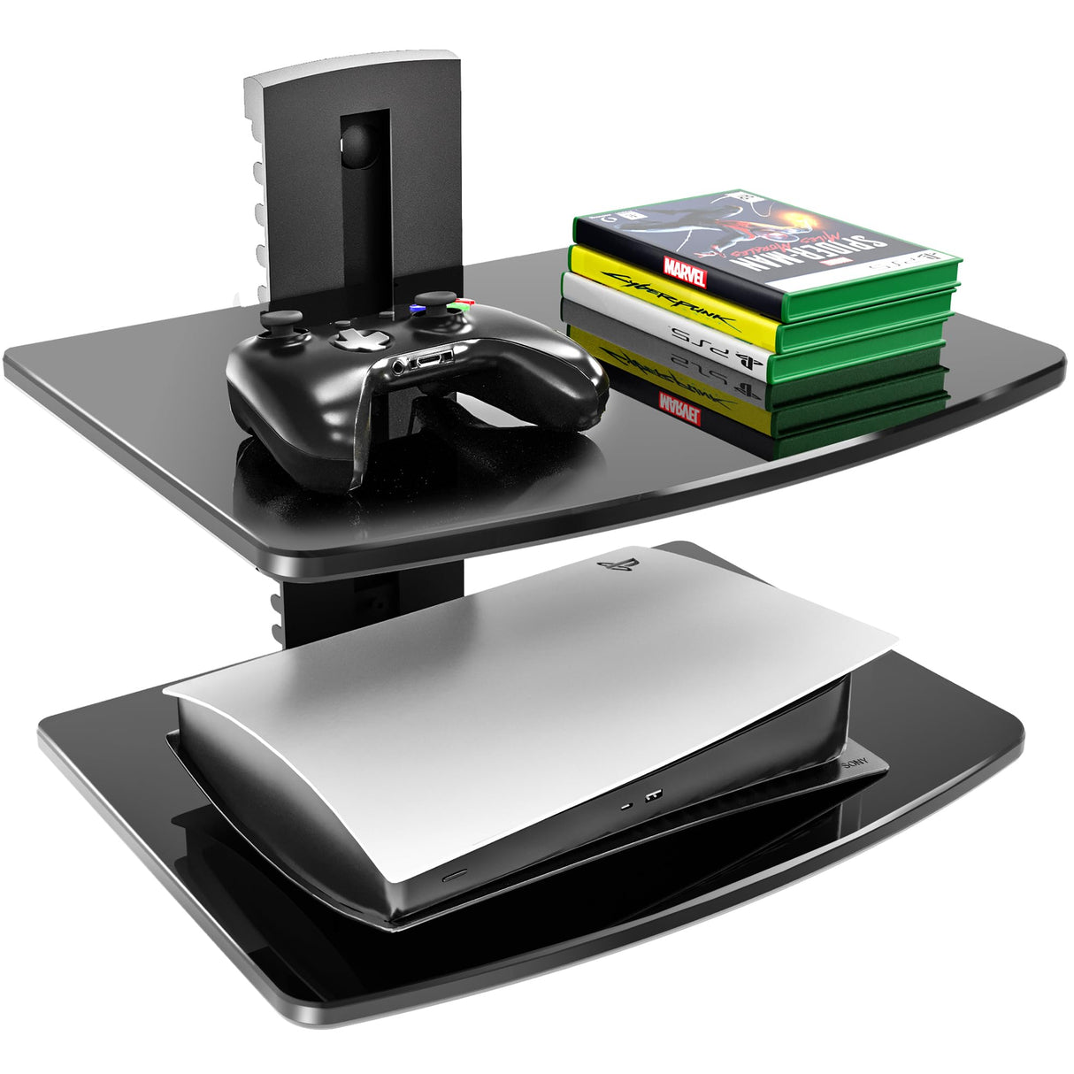 FITUEYES 2 Tiers Floating Shelves for Wall Under TV DVD Shelf Wall Mount Shelves Hold up to 22lbs Tempered Glass for PS4, Xbox, Game Console and Cable Box Black FITUEYES