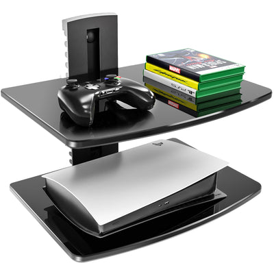 FITUEYES 2 Tiers Floating Shelves for Wall Under TV DVD Shelf Wall Mount Shelves Hold up to 22lbs Tempered Glass for PS4, Xbox, Game Console and Cable Box Black