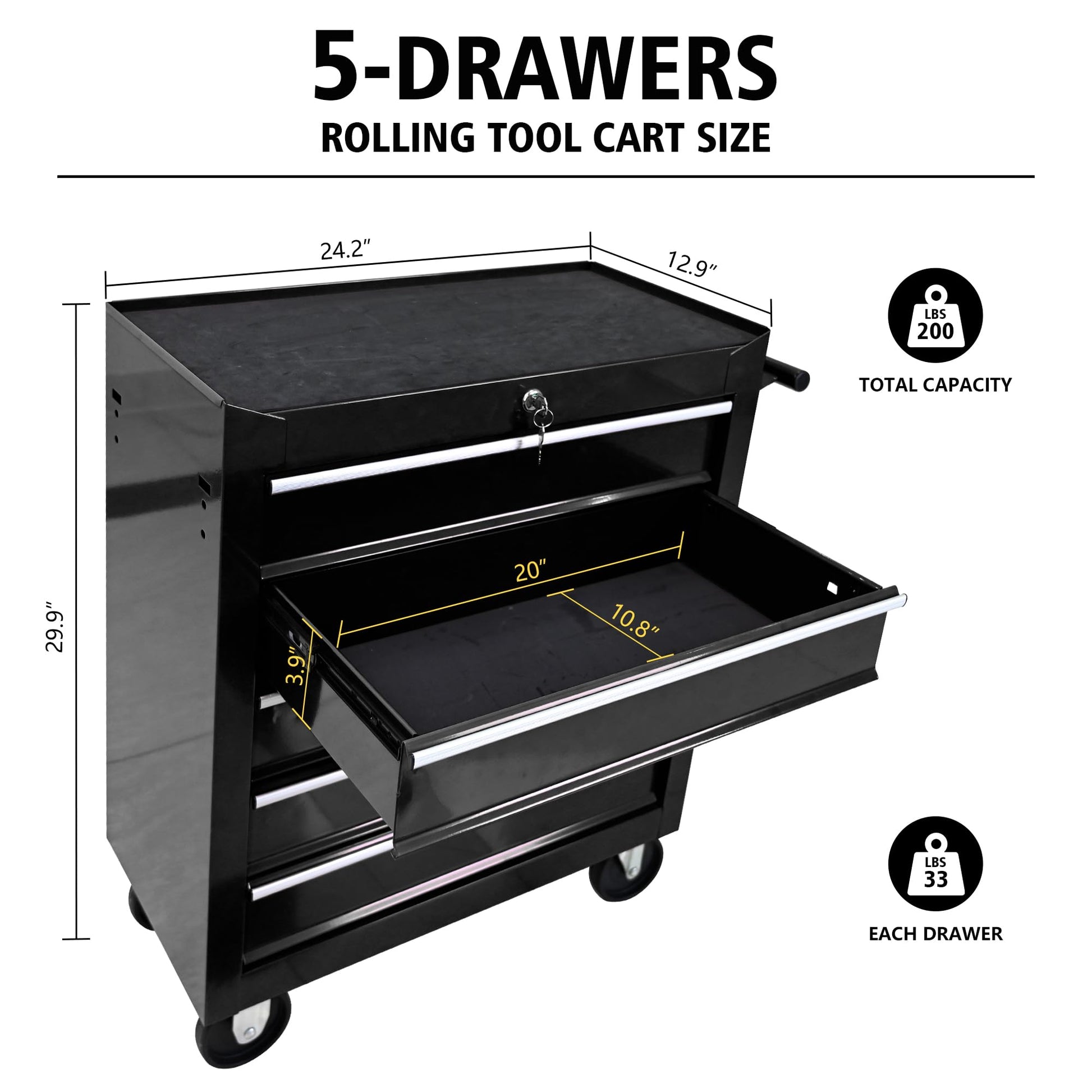 BouPower Tool Chests, 5-Drawer Rolling Tool Storage Cabinet with Detachable Tray, Multi-Functional Handles, Adjustable Shelves, Secure Locking System, Heavy-Duty Wheels, Ideal for Garage, Wor - WoodArtSupply