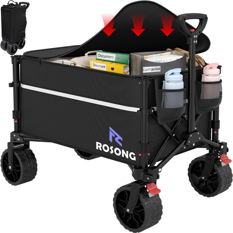 Collapsible Wagon Cart with Wheels Foldable - Folding Utility Heavy Duty Wagons Carts with Cover for Grocery Sports Garden Shopping Camping ROSONG