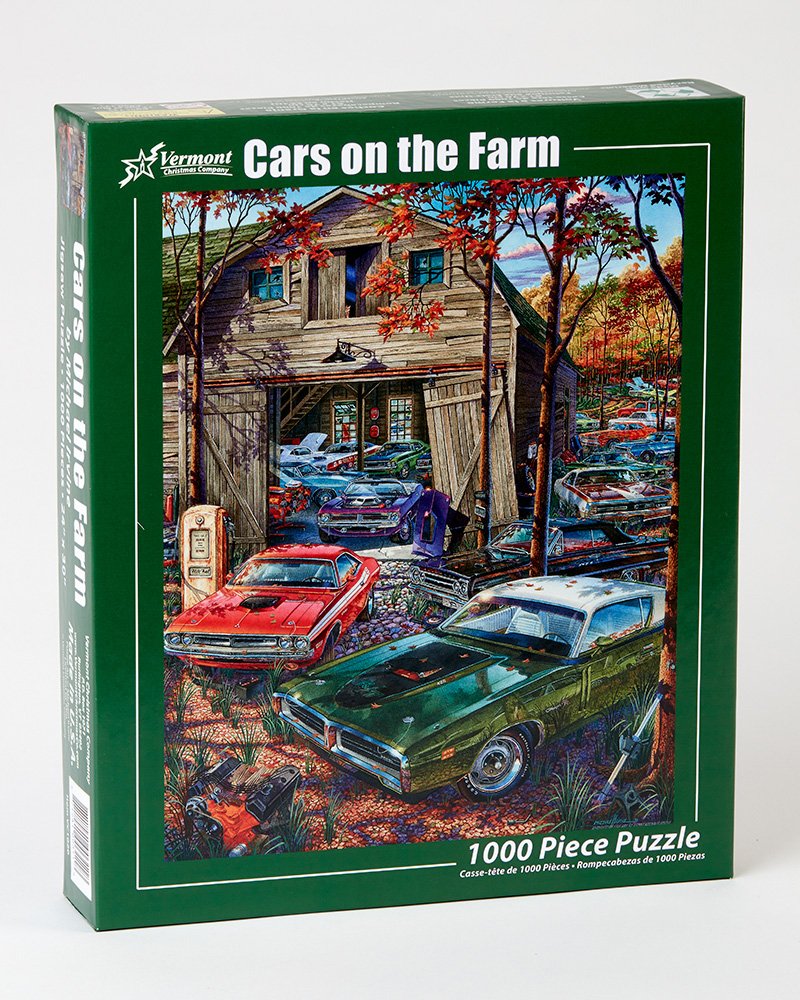 Vermont Christmas Company Cars on The Farm Jigsaw Puzzle - 1000 Piece Puzzle for Adults - Large Pieces, Fully Interlocking & Randomly Shaped Pieces - Jigsaw Puzzles for Adults 1000 Pieces (30" x 24") Vermont Christmas Company