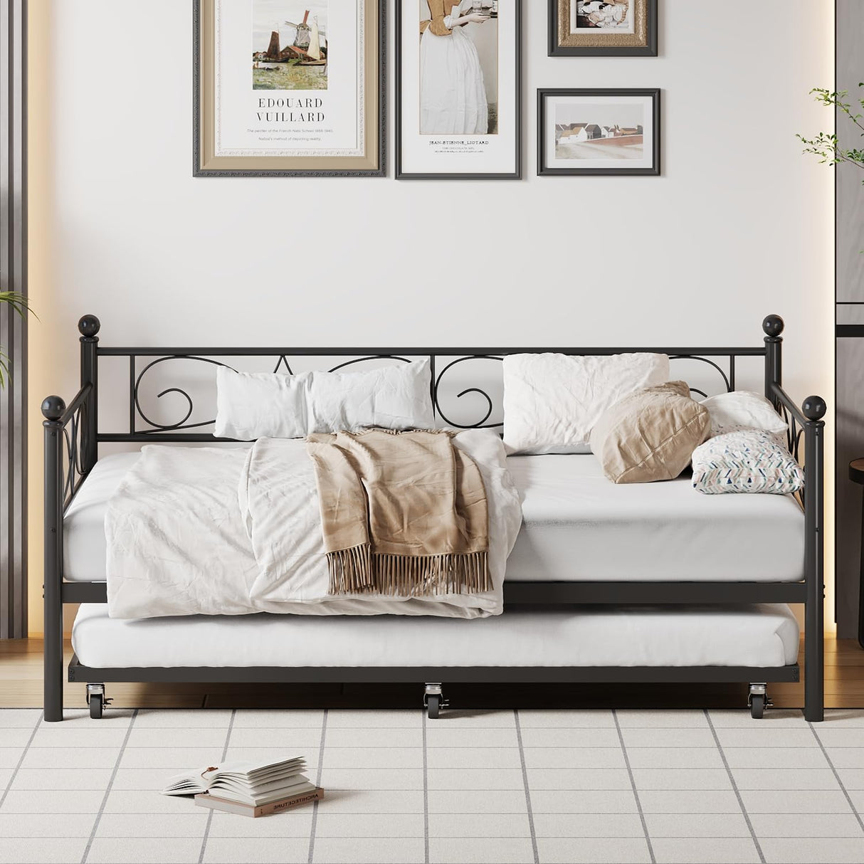IDEALHOUSE Twin Daybed with Trundle, Metal Trundle Bed, Sofa Bed Frame, Heavy Duty Metal Slats, for Living Room, Bedroom, Guest Room, Space Saving, Black IDEALHOUSE