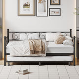 IDEALHOUSE Twin Daybed with Trundle, Metal Trundle Bed, Sofa Bed Frame, Heavy Duty Metal Slats, for Living Room, Bedroom, Guest Room, Space Saving, Black IDEALHOUSE