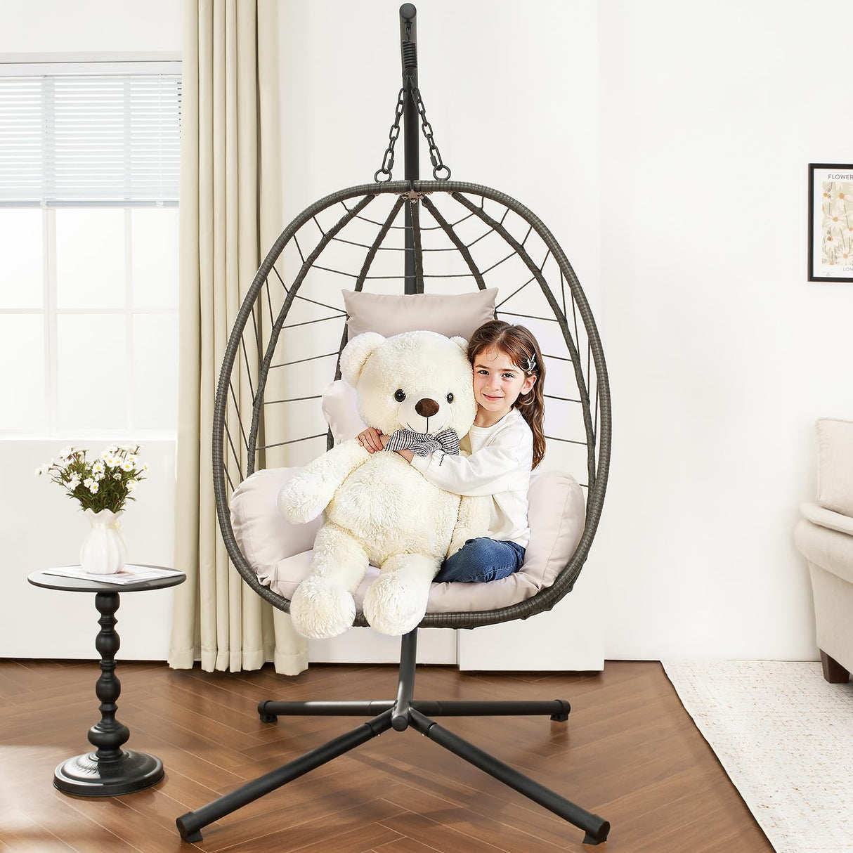 ONBRILL Hanging Egg Chair with Stand, Outdoor Indoor Egg Swing Chair with Cushion Headrest, Rattan Wicker Egg Chair with Dual Chains, 350LBS Capacity for Patio, Porch, Balcony, Bedroom (Khaki) ONBRILL