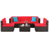 Shintenchi 6 Pieces Patio Furniture Sets Outdoor All-Weather Sectional Patio Sofa Set PE Rattan Manual Weaving Wicker Patio Conversation Set with Glass Table&Ottoman Cushion and Red Pillows, Red Shintenchi