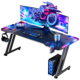 HLDIRECT 63 Inch Gaming Desk with LED Lights Carbon Fibre Surface Gaming Table Large Computer Desk Ergonomic Home Office Desks Z Shaped PC Gamer Workstations with Cup Holder & Headphone Hook Black HLDIRECT